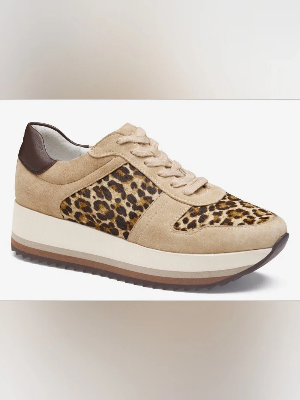 Johnston & Murphy Gracie Colorblock Lace-Up Sand Kid Suede/Leopard Haircalf NWOT